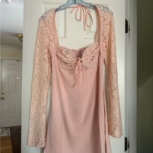 Pink Lace Dress with Sheer Floral Sleeves